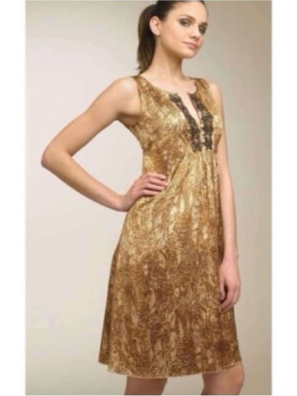 100% Silk Beth Bowley Anthropology Gold-Brown Sleeveless Midi Dress